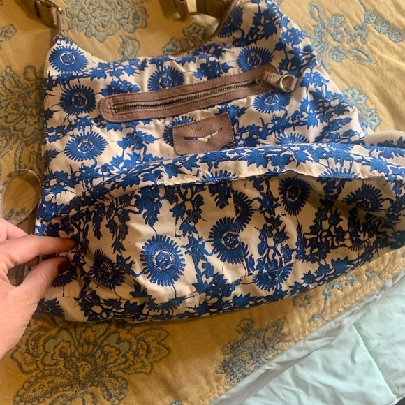 Lucky Penny Large leather reversible Purse tan and blue floral - Picture 13 of 16